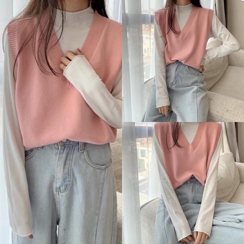 Áo len gile nữ  vintage trơn cổ tim Quảng Châu  xẻ tà basic mùa đông 428