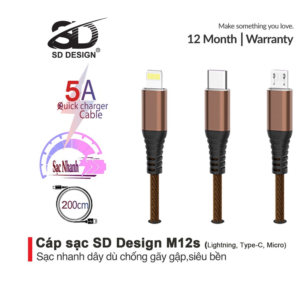 Cáp sạc dây dù chính hãng SD DESIGN M12s sạc siêu nhanh, siêu bền dùng cho các loại điện thoại