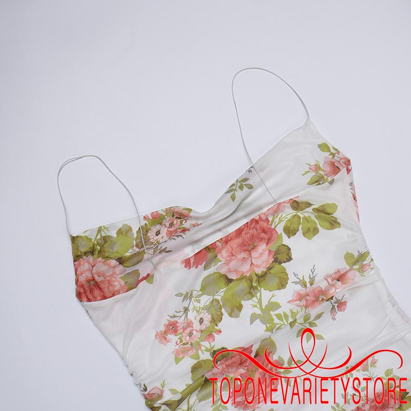 TOPQ-Đầm Mini Không Tay Phối Bèo In Hoa Phong Cách Vintage Cho Nữ