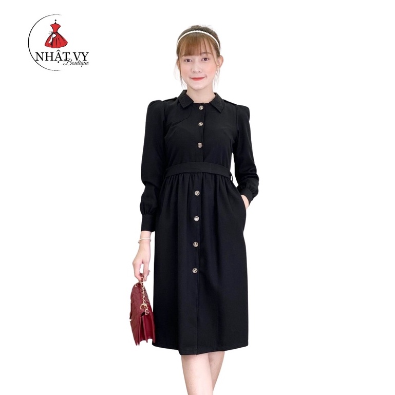 Đầm Nữ NHẬT VY Cúc Thật Dây Thắt Eo Rời Chất Kaki Thun Công Sở Dáng Xoè Màu Đỏ, Đen, Vàng - D1844