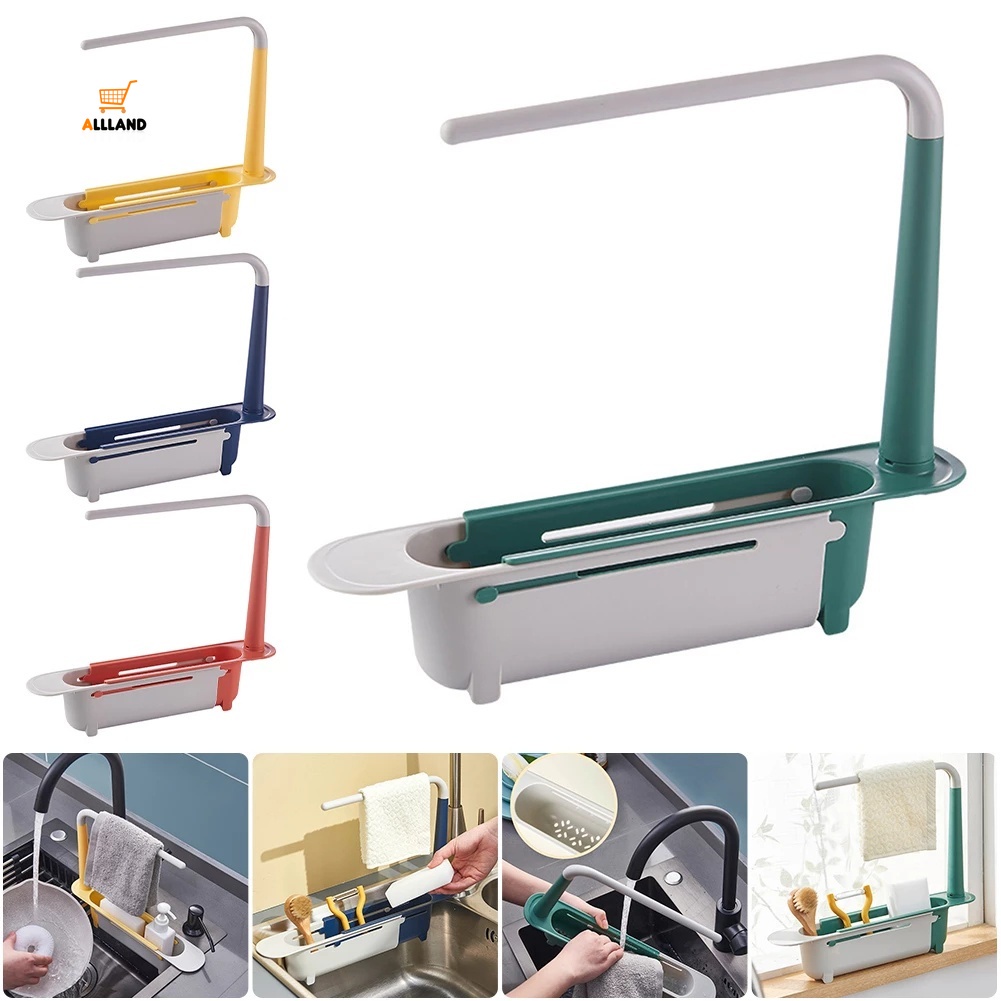 Giá đựng miếng cước xốp/khăn vải lau chùi gắn bồn rửa chén nhà bếp có lỗ thoát nước đa năng thiết kế thu gọn được