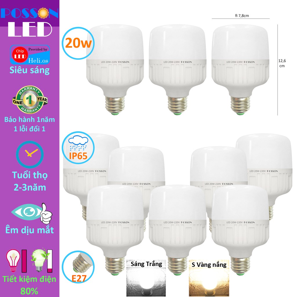 10 Bóng đèn Led trụ 20w bup trụ bulb siêu sáng tiết kiệm điện kín chống nước Posson LC-H20x