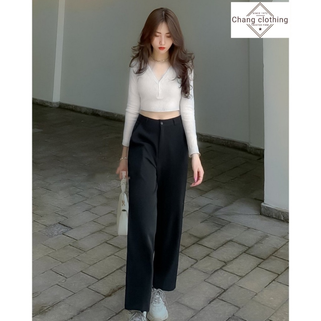 Quần tây nữ lưng cao ống rộng đi học dáng dài suông đứng vải đen mềm - Quần vải cạp cao nữ công sở mặc đi làm học sinh