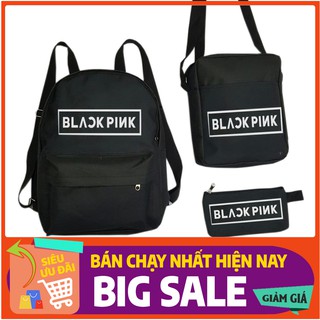 Freeship 50k_ combo 3 món balo thời trang kèm túi + ví 3 in chữ black pink
