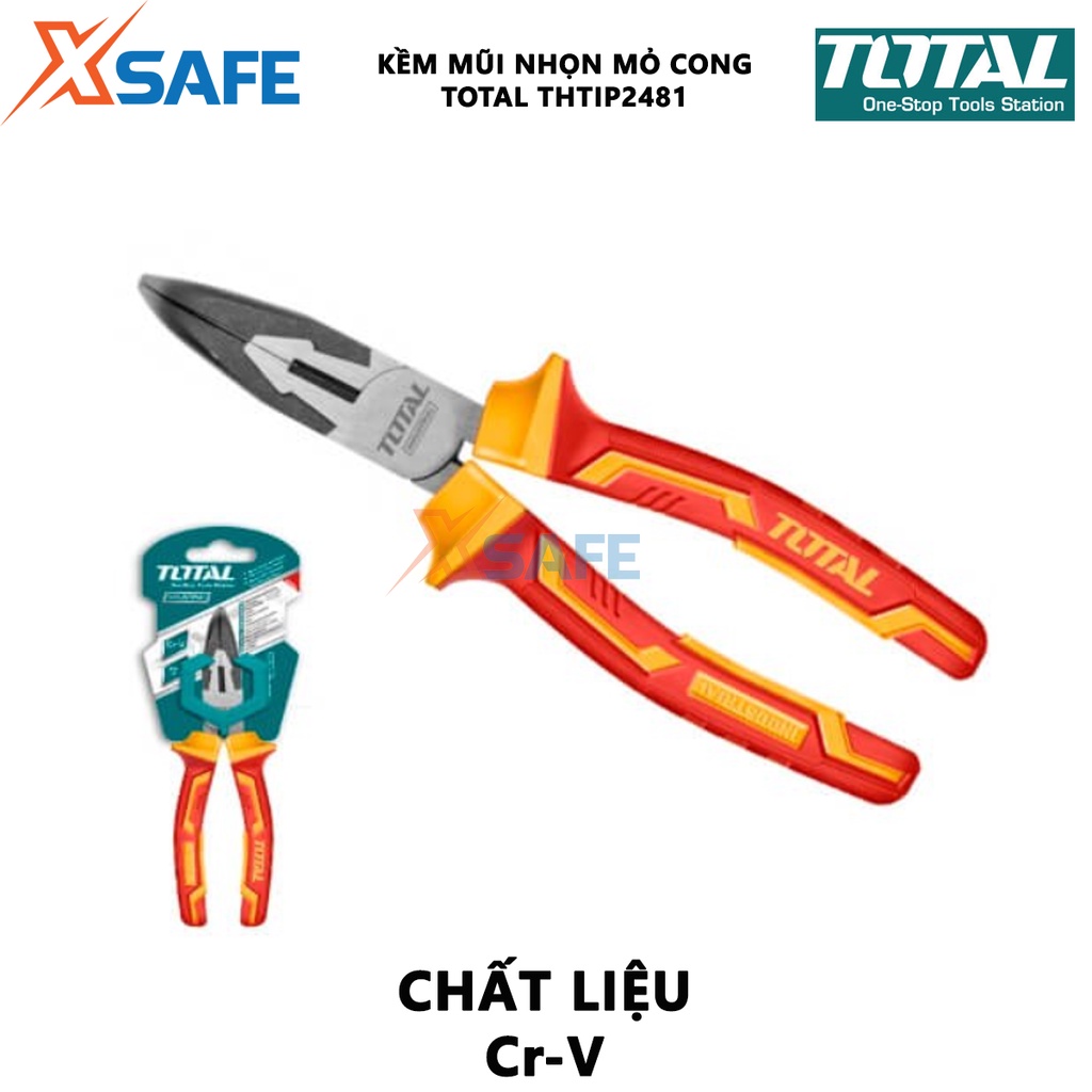 Kìm mũi nhọn mỏ cong cách điện TOTAL THTIP2481 Kềm cách điện kích thước 8inch, đầu mạ đen đánh bóng, cách điện 1000V