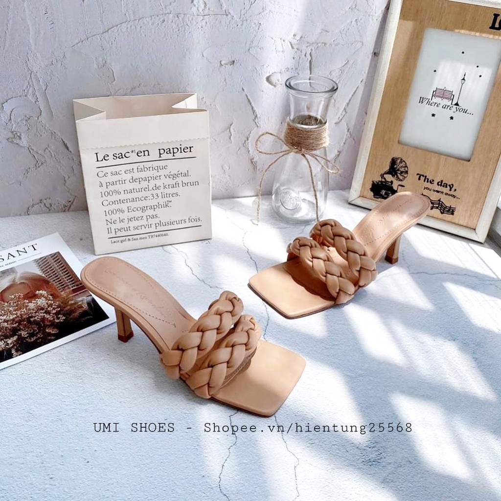 [3 MÀU] Guốc cao gót 5cm quai xoắn bện đan phồng bính gót nhọn mũi vuông đơn giản hot trend 2020 đẹp chảnh đi chơi | BigBuy360 - bigbuy360.vn