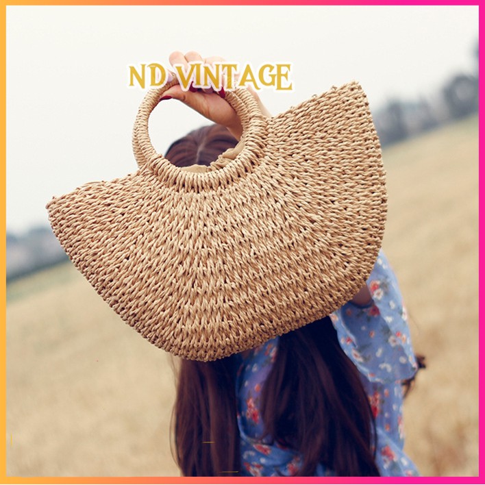 Túi Cói Bán Nguyệt Đi Biển Xách Tay Vintage, Vải Lót Đẹp, Có Dây Rút Giữ Đồ Chắc Chắn (Có 2 Size)