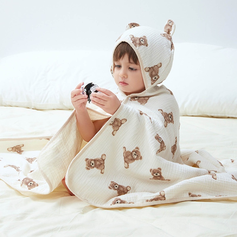 Khăn Choàng Tắm Cotton Mềm Mại In Họa Tiết Hoạt Hình Có Mũ Trùm Cho Bé