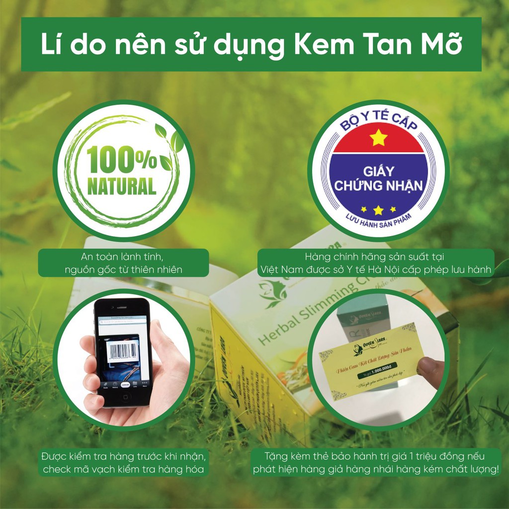 Kem Tan Mỡ Herbal Slimming Cream Quyên Lara (160ml) - Tan mỡ bụng, đùi - Mỹ phẩm thiên nhiên - Số cb 2932/18/CBMP-HN