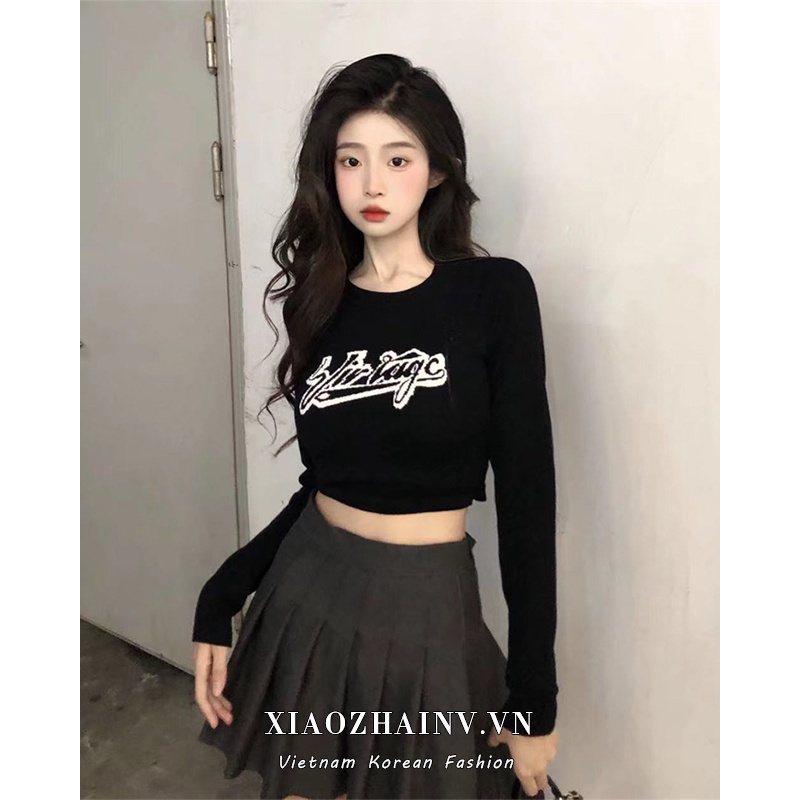 Áo croptop Đen Tay Dài Thiết Kế Ôm Dáng Quyến Rũ