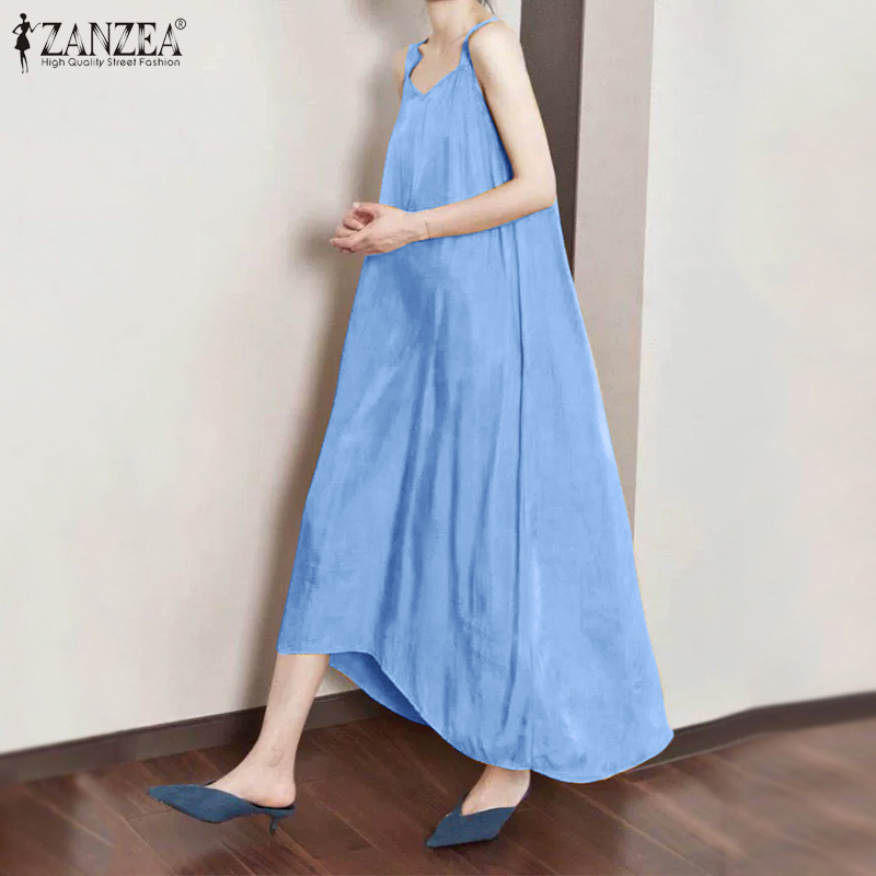 Đầm Dài ZANZEA Dáng Rộng Không Tay Cổ Chữ V Vải Cotton Màu Trơn Cho Nữ | BigBuy360 - bigbuy360.vn