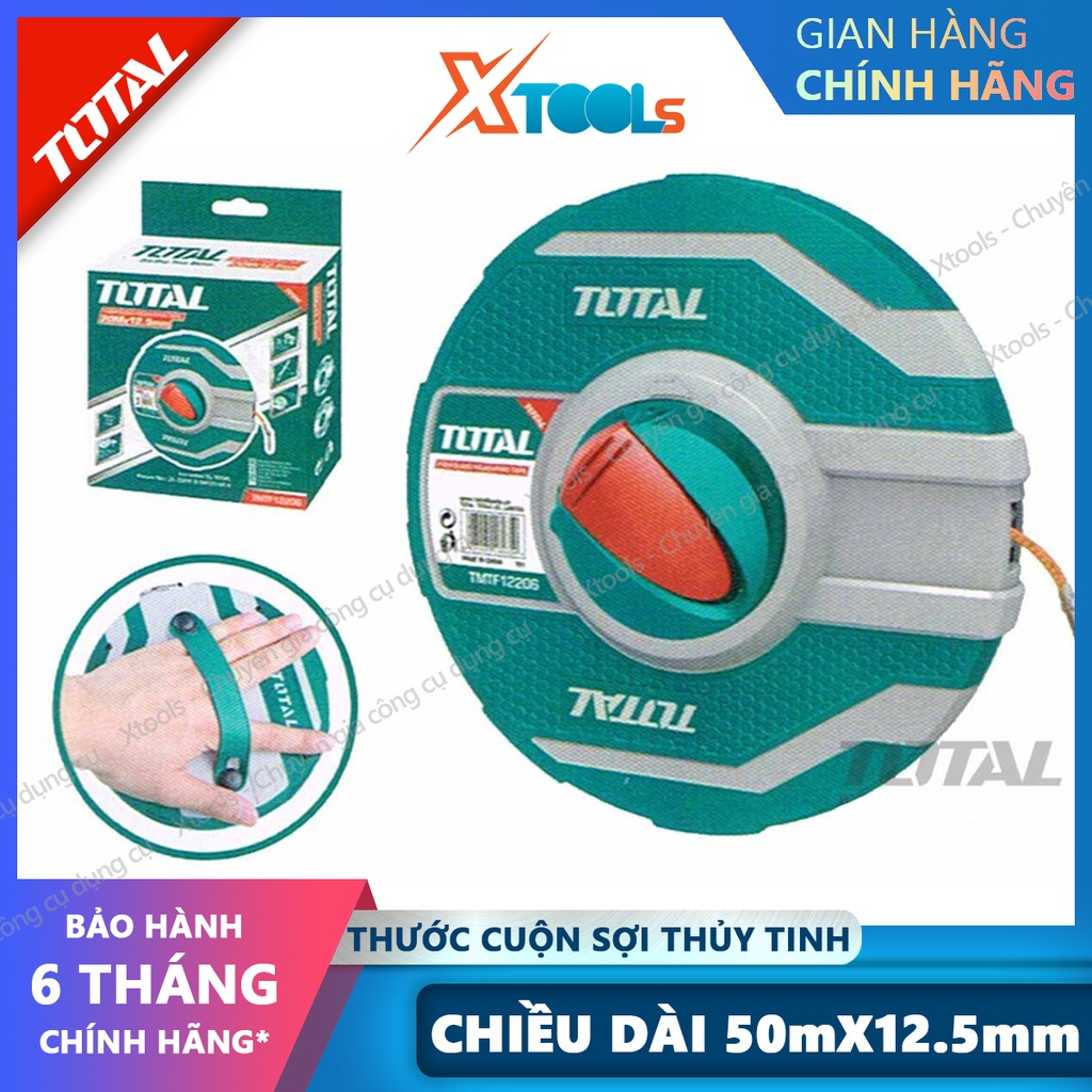 Thước dây cuộn sợi thủy tinh TOTAL 20-30mx12.5mm, thước cuốn đa năng vỏ nhựa ABS bọc cao su siêu bền, tốc độ cuốn nhanh