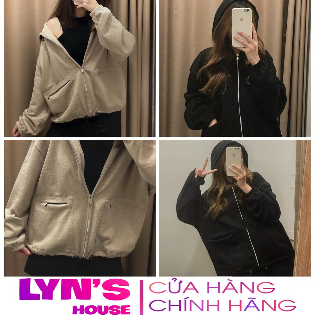 Áo khoác nữ hoodie nỉ túi khóa kéo Lyn House form rộng unisex 2 màu phong cách ulzzang