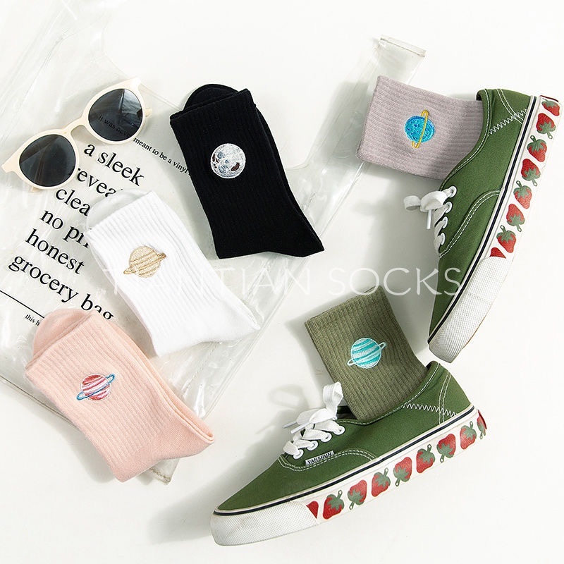 TIANTIAN T003 Vớ Cotton Cổ Cao Thêu Họa Tiết Hành Tinh Hoạt Hình Dễ Thương Thời Trang Nhật Hàn Cao Cấp