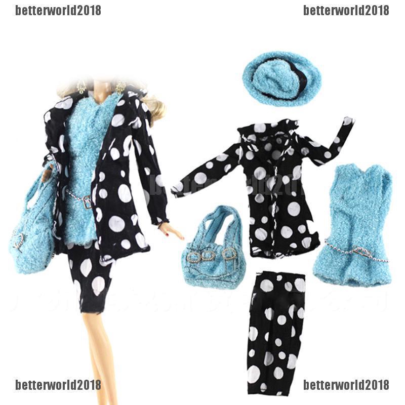 Set Áo Len Không Tay + Áo Khoác Tay Dài + Quần Dài Họa Tiết Chấm Bi 30cm Cho Búp Bê