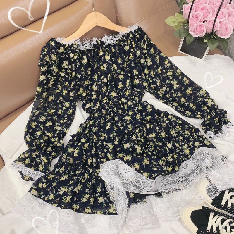 Đầm hoa bẹt vai viền ren