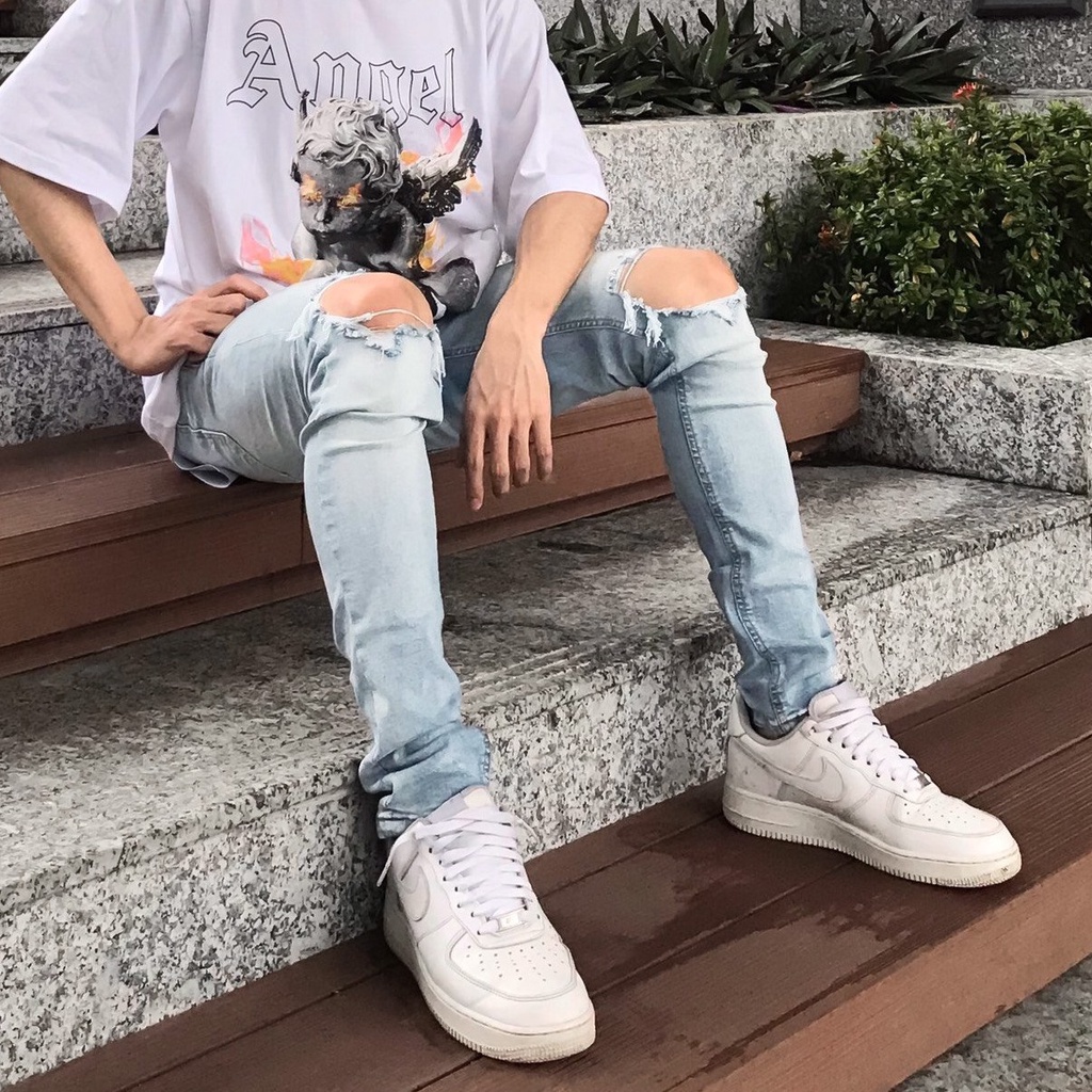 Quần jean nam streetwear cao cấp FNOS NZ8 màu xanh wash bạc rách gối form slimfit  jean co giãn | BigBuy360 - bigbuy360.vn