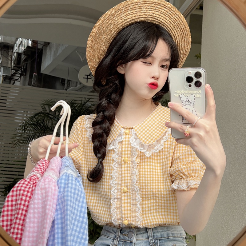 Áo Sơ Mi Tay Ngắn Cổ Búp Bê Họa Tiết Kẻ Ô Dễ Thương Dành Cho Nữ