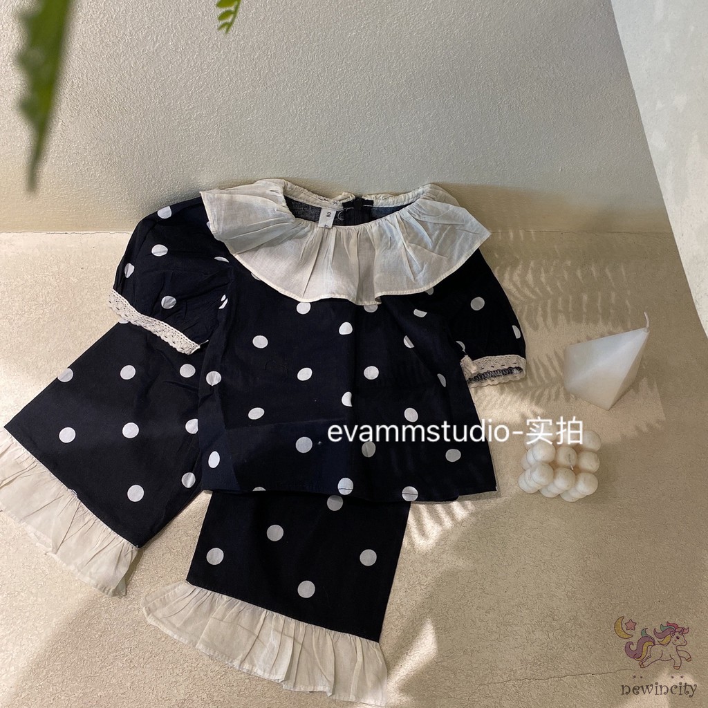 Bộ Áo Thun Tay Ngắn Phối Ren Họa Tiết Chấm Bi + Quần Dài Kiểu Hàn Quốc Thời Trang Mùa Hè Cho Bé Gái