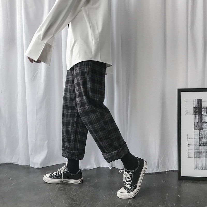 Plaid Casual Pants Men's Korean Style Loose Trend Straight Ins Cropped Trousers