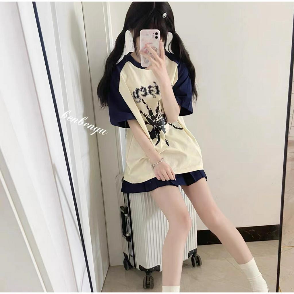 Ethelgirl Áo Thun Tay Ngắn Dáng Rộng In Khối Màu Thời Trang Hàn Quốc Cổ Điển Dành Cho Bạn Nữ