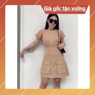 Đầm nude cổ tròn phối 2 túi cá tính