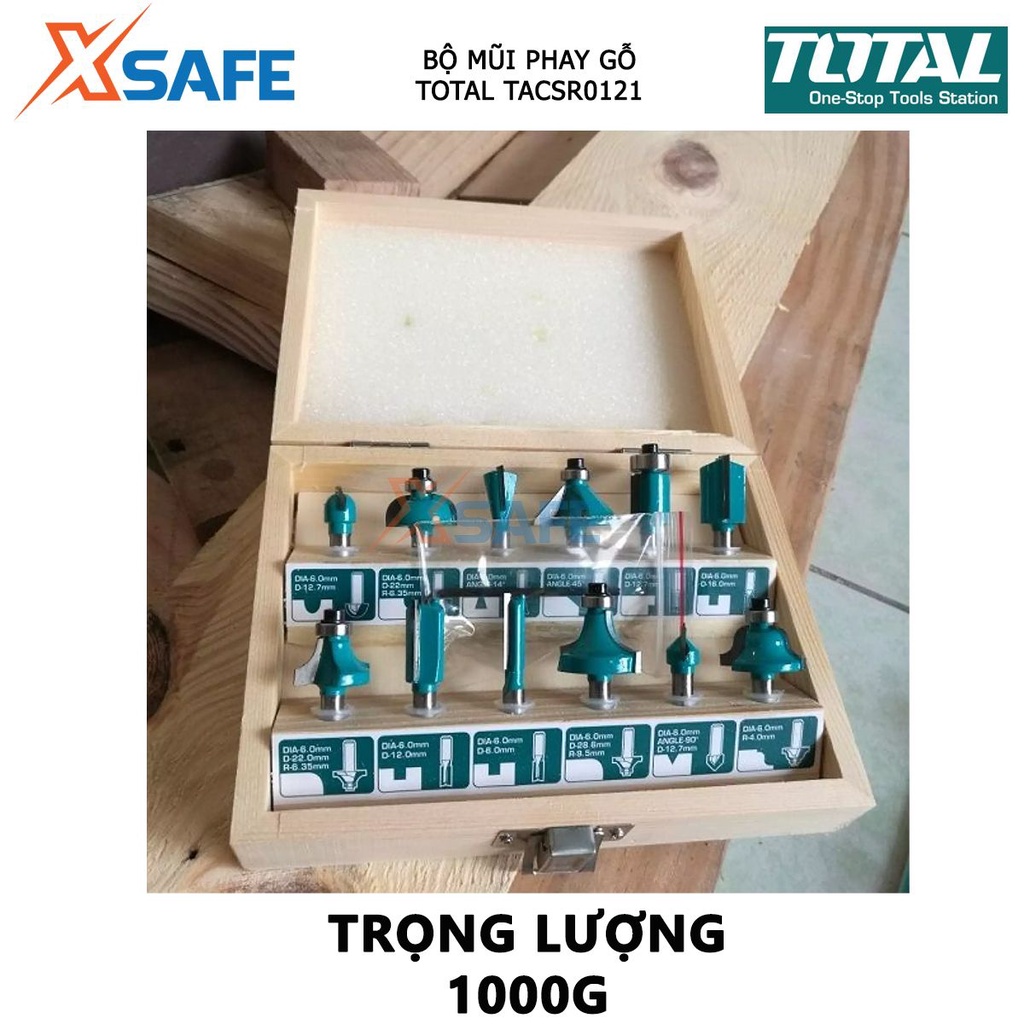 Bộ 12 mũi phay gỗ TOTAL đường kính mũi 6-8-12mm, dùng tạo hình, chạm khắc bề mặt gỗ - chính hãng