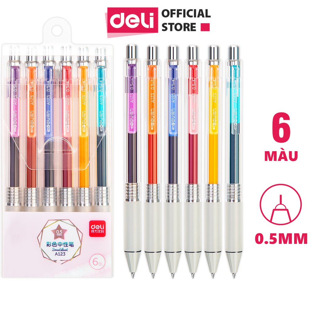 [Mã LIFEDELI3 giảm 50K đơn 99K] Set bút gel nhiều màu Deli - có đệm tay - 6 màu - A123