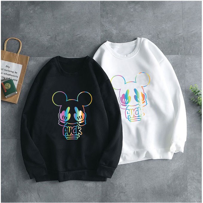 Áo Sweeter Nỉ Trơn Dài Tay In Hình Chuột Mickey Cá Tính Phản Quang