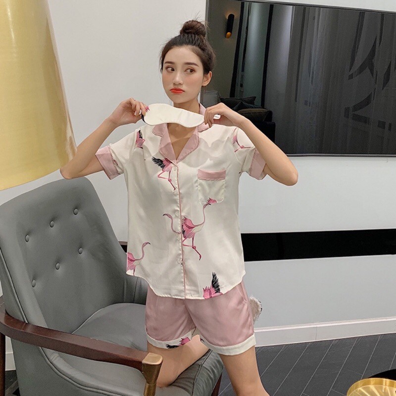 Đồ bộ pijama, bộ lụa cao cấp cộc đùi hoạ tiết chim hạc mềm mịn thoáng mát