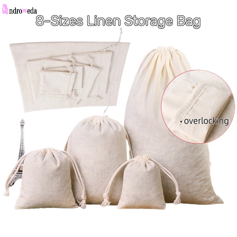 1 Túi Dây Rút Vải Lanh Cotton Trắng Đựng Thực Phẩm Đa Năng 8 Kích Cỡ