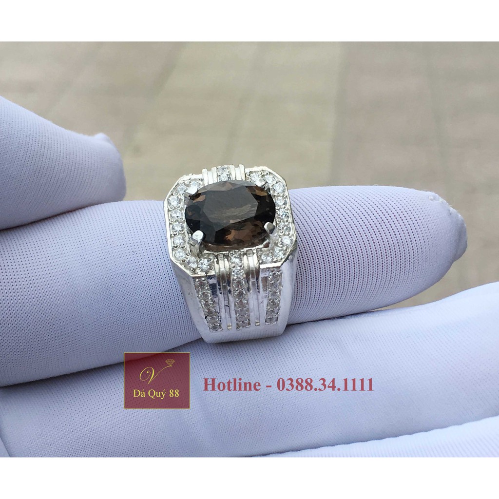 Nhẫn Bạc Gắn Đá Thạch Anh Khói Đen Tự Nhiên Vip