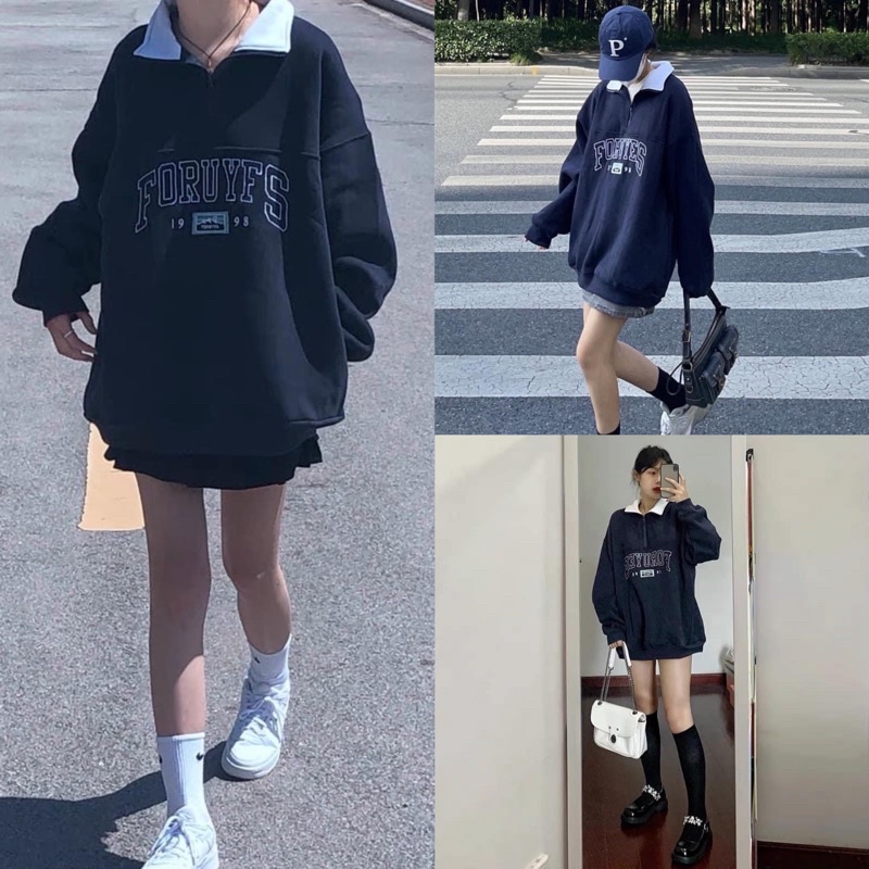 [Ảnh thật/Video]Áo hoodie Xinging khoá kéo cổ bẻ màu xanh dương lạ mắt