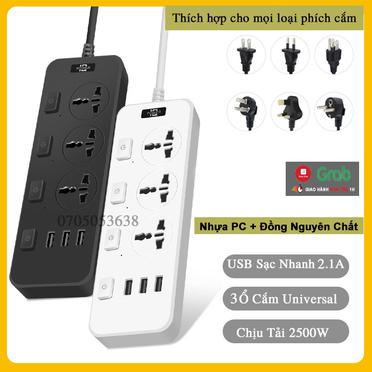 Ổ cắm điện đa năng thông minh 3 cổng USB sạc nhanh 5V-2.1A công suất 2500W vật liệu chống cháy dây nối dài 1,8M OCD04