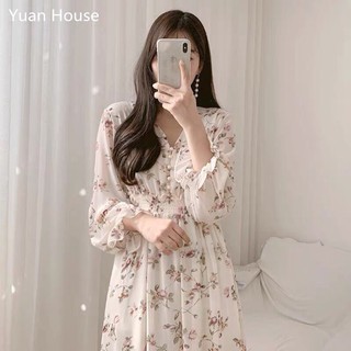 Đầm - Váy hoa nhí tay dài bo chun cổ tim bánh bèo babydoll, Đầm - Váy hoa nhí dài dáng xòe cổ V chun eo đi biển, dự tiệc