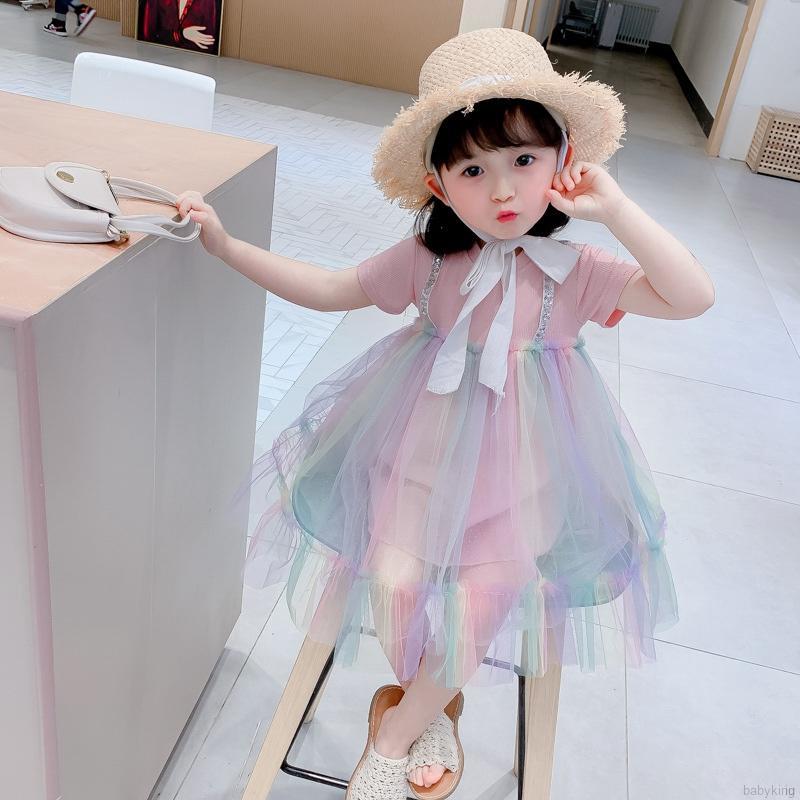 Đầm Công Chúa Giả Hai Lớp Màu Cầu Vồng Dễ Thương Cho Bé Gái