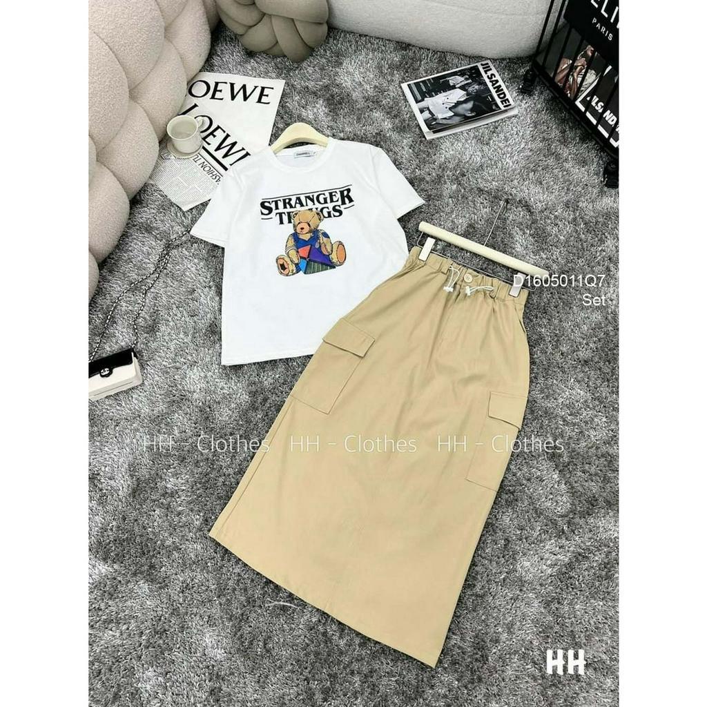 Set áo thun hình gấu tay con kèm chân váy dáng dài
