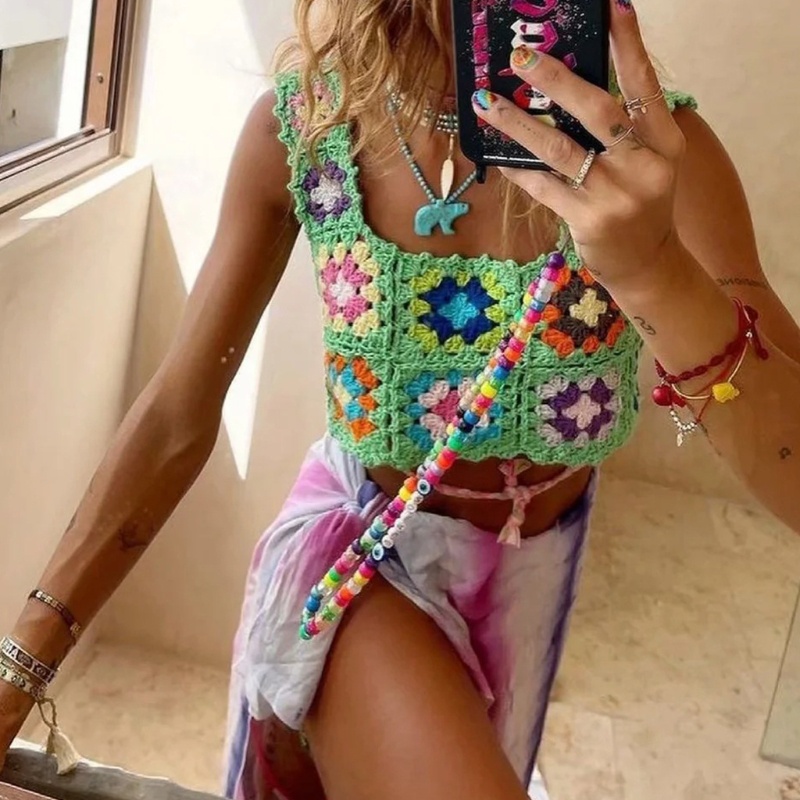 Áo Croptop Dệt Kim Hai Dây Họa Tiết Hoa Nhiều Màu Sắc Thời Trang Đi Biển Cho Nữ