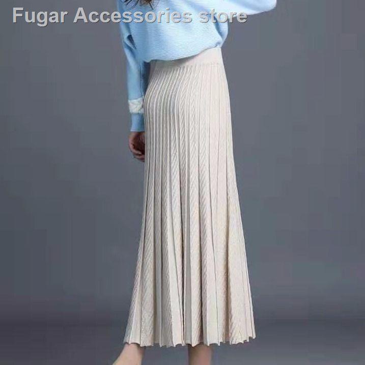 Chân váy len dài xếp ly dáng chữ A kiểu lưng cao thời trang nữ mùa thu đông mới