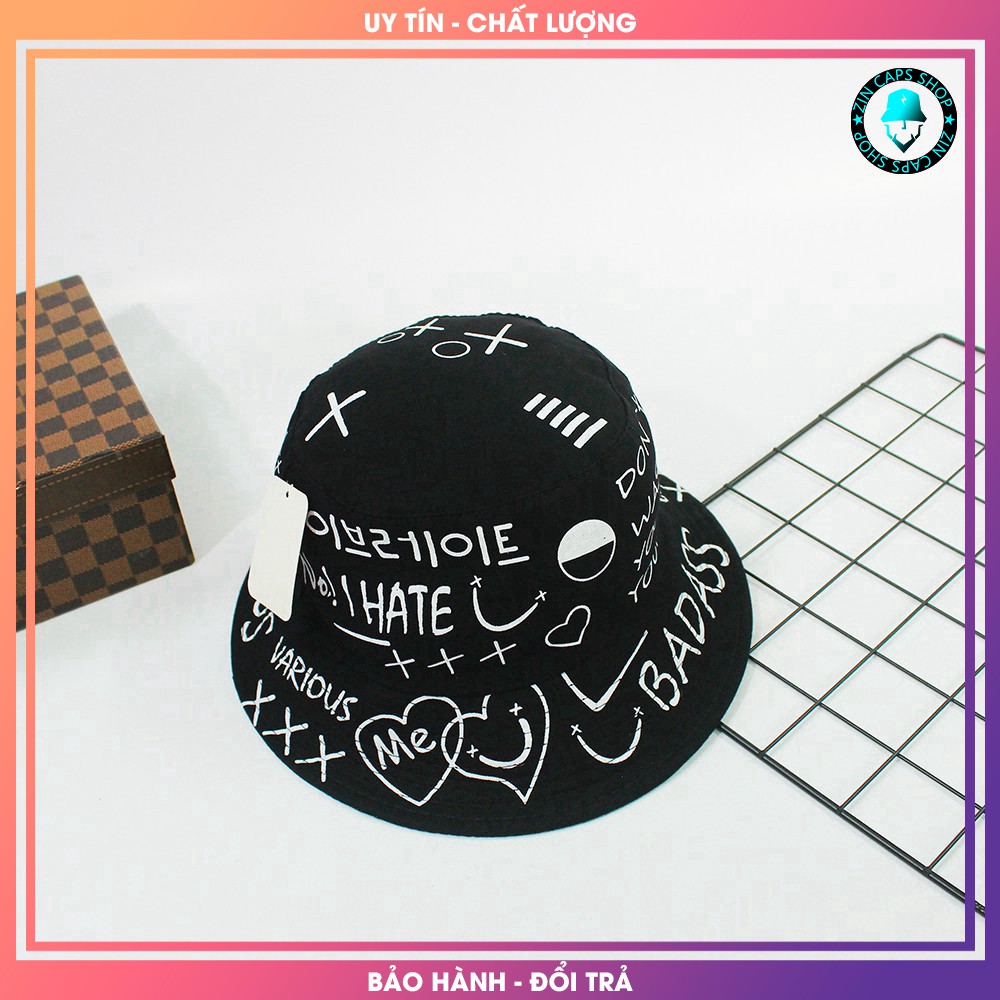 Mũ Bucket Đen XO Graffiti Hàn Quốc DON'T WASTE YOUY YOUNG / nón tai bèo / mu tai beo den / vành / non vanh / xô