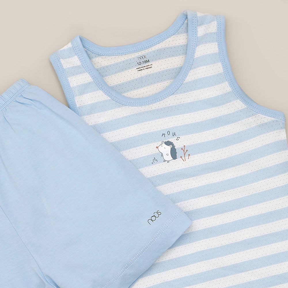 Bộ Quần Áo Ba Lỗ Nous Air Kẻ Xanh Trắng Hình Nhím - Quần Áo Bé Trai Size 9 - 12M
