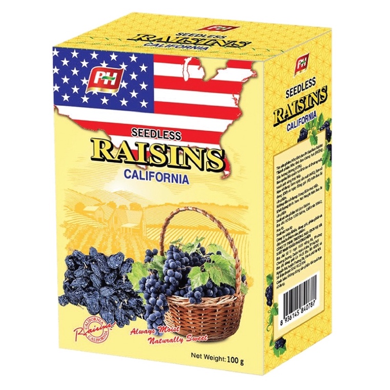NHO KHÔ ĐEN PH SEEDLESS RAISINS CALIFORNIA HỘP 100G/ NHO ĐEN MỸ/ NHO ĐEN KHÔNG HẠT