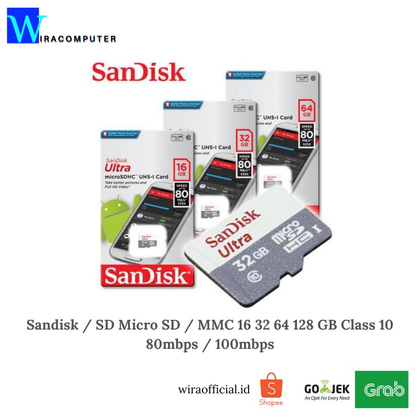 SANDISK Thẻ nhớ SD Micro SD / MMC 16 32 64 128GB Class 10 80mbps / 100mbps