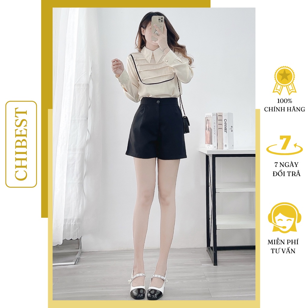 Set áo sơ mi kiểu xếp ly ngực đính nút chạy viền tay dài kèm quần short đen  CHIBEST ASB711