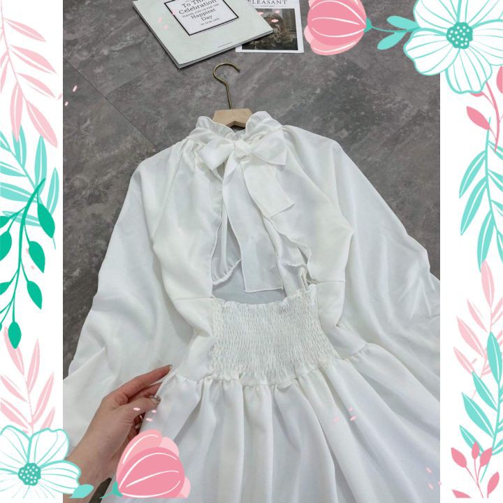 Váy Đầm Tiểu Thư Màu Trắng Nơ Lưng Hở Cao Cấp Đầm Nữ Chun Eo Siêu Xinh | BigBuy360 - bigbuy360.vn