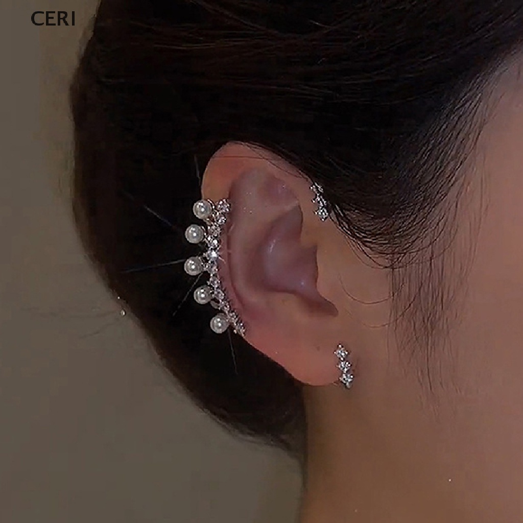 Bông tai kẹp ngọc trai zircon sáng bóng kim loại màu bạc thời trang cho nữ