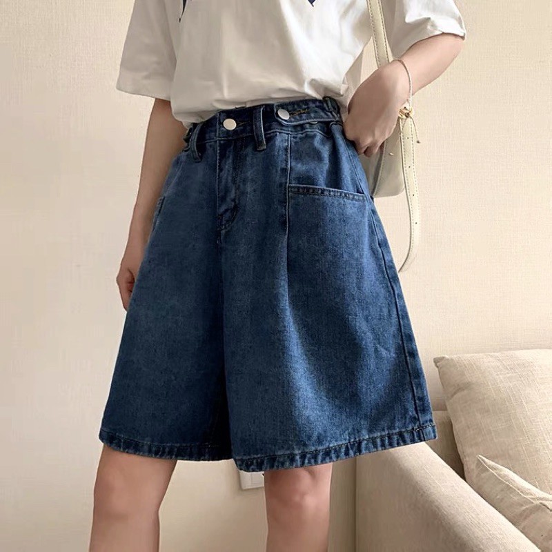 (Bigsize 30-36) Quần Ngố Cotton Ống Rộng, Quần Short Jean Lưng Cao, Quần Suông Lửng Không Giãn