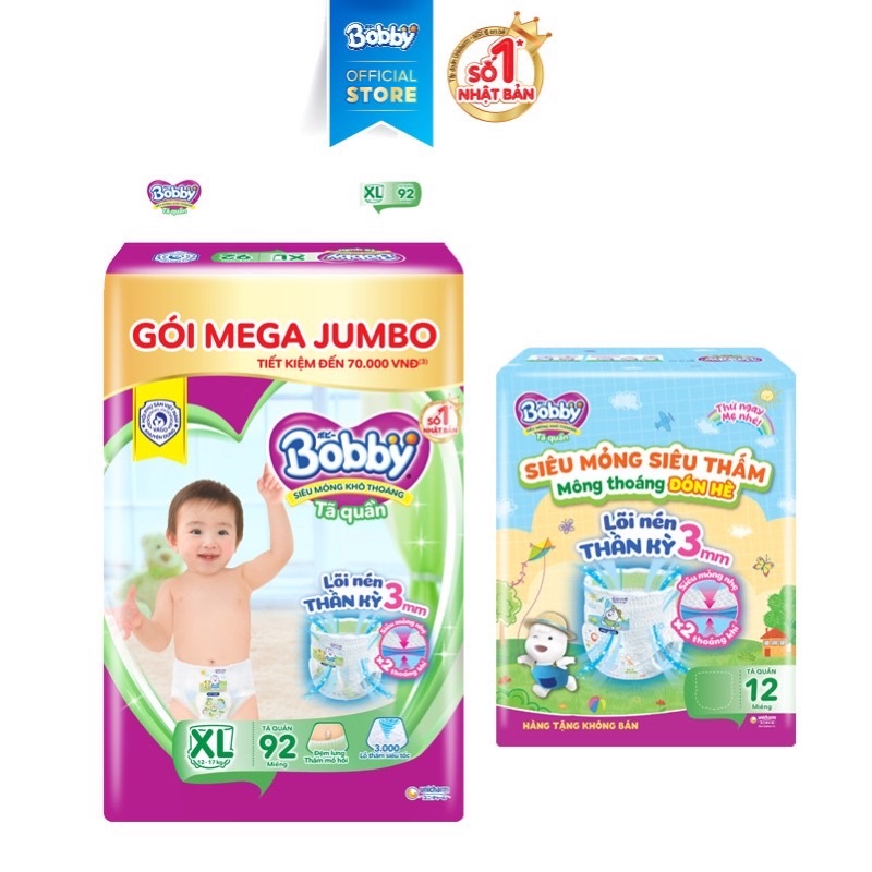 Combo 2 Tã quần Bobby lõi nén thần kì 3mm M120/L104/XL92/XXL84  - Tặng thêm gói 24 miếng phiên bản mùa hè