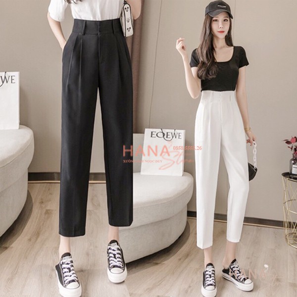 Quần baggy cạp cao bản to xếp ly lưng siêu cao phối 3 cúc - Màu Đen Dài - Vảy Vitex dày mềm mịn - Mặc đi làm công sở học | BigBuy360 - bigbuy360.vn