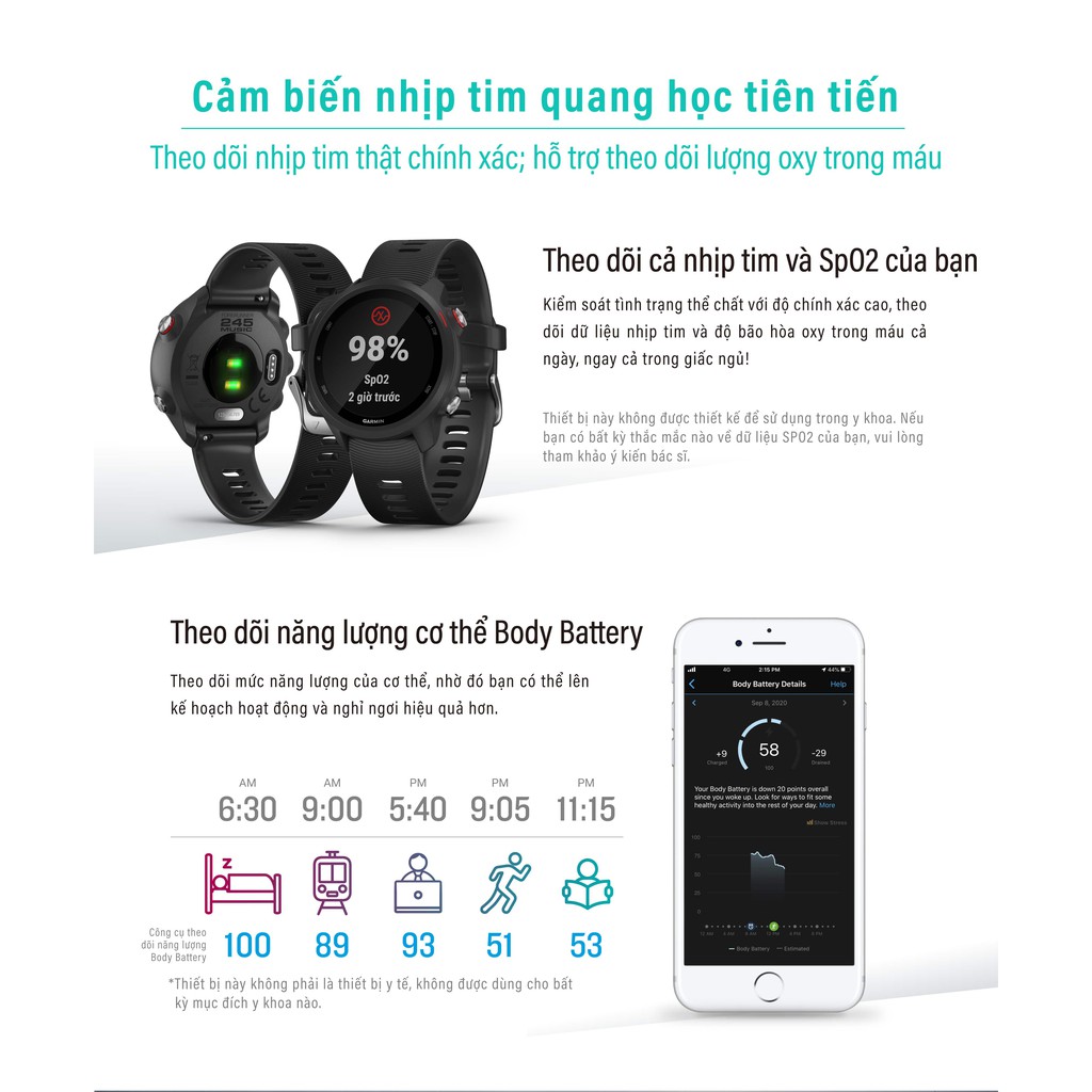 Vòng đeo tay theo dõi sức khỏe Garmin Forerunner 245 Music - Hàng Chính Hãng